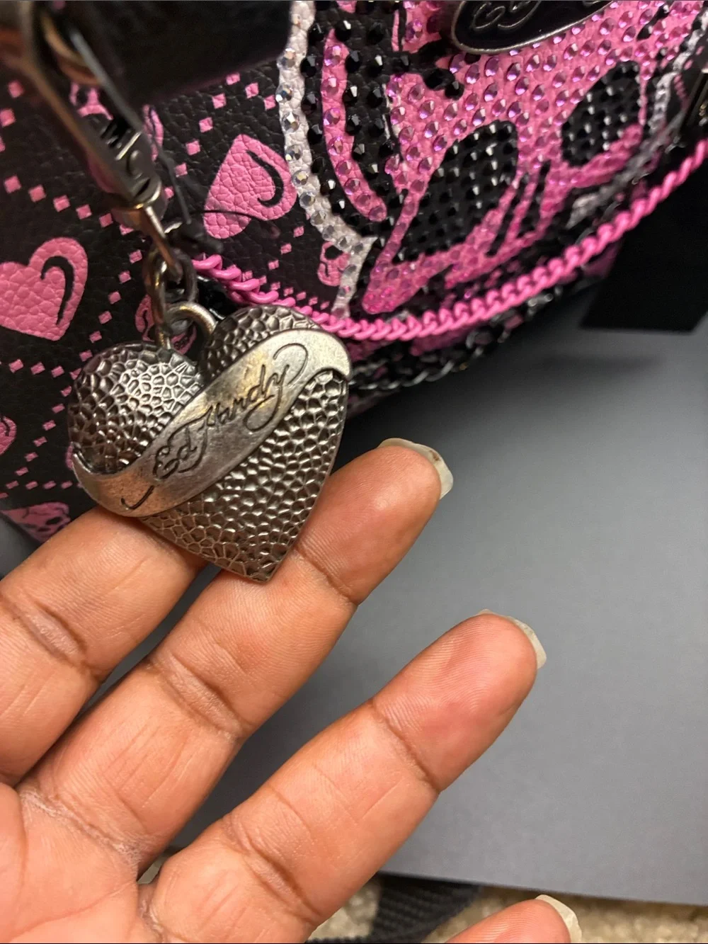 Ed Hardy Black and Pink Skull Heart Satchel with Chain Accent